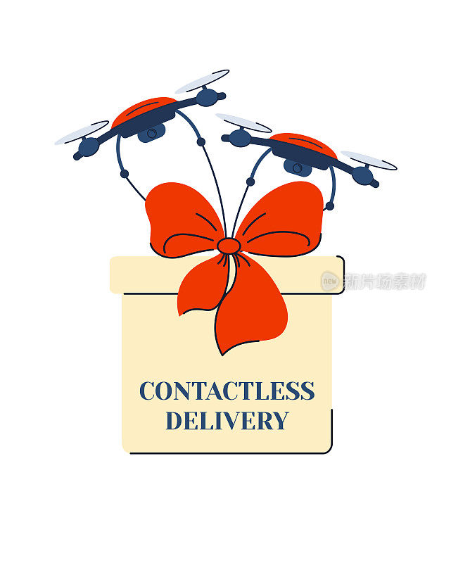 Contactless gift delivery using drones. Concept for advertising and design. Vector